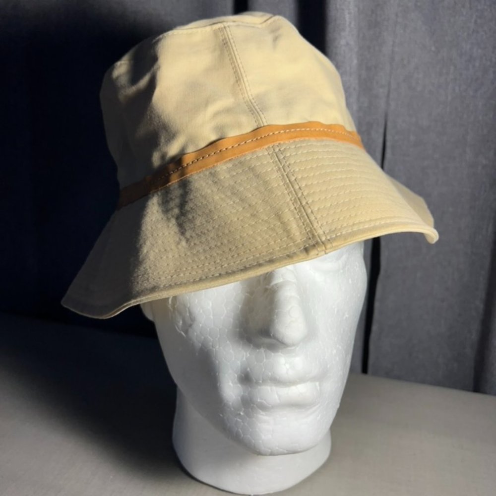 Khaki Coach Bucket Hat with leather trim and red silk lining